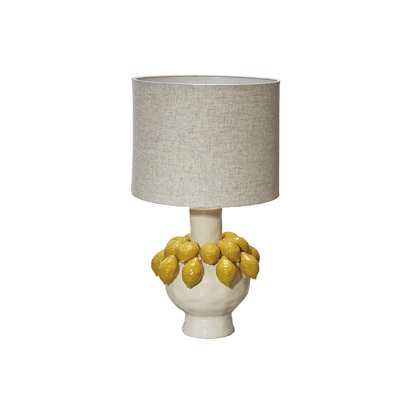 creative co op Handmade Stoneware Table Lamp w/ 3D Lemons & Linen Shade Yellow & Cream Color