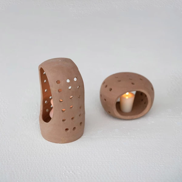 Creative Co Op Handmade Terra-cotta Candle Holder W/ Cut-Outs