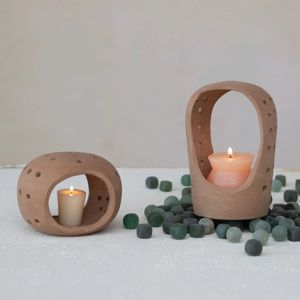 Creative Co Op Handmade Terra-cotta Candle Holder W/ Cut-Outs