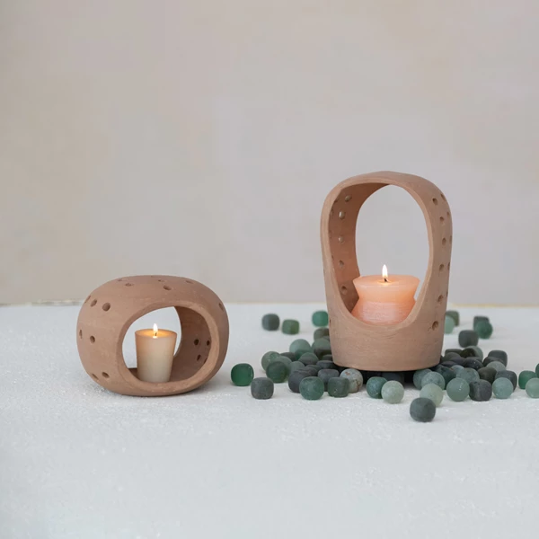 Creative Co Op Handmade Terra-cotta Candle Holder W/ Cut-Outs