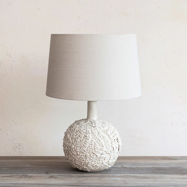 Creative Co Op Handmade Textured Stoneware Table Lamp W/ Fabric Shade (Each One Will Vary)
