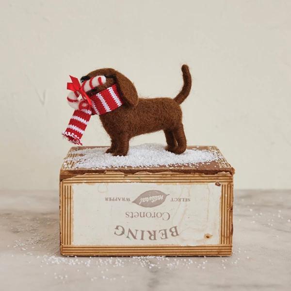 Creative Co Op Handmade Wool Felt Dog Ornament With Scarf & Candy Cane