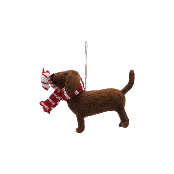 creative co op Handmade Wool Felt Dog Ornament with Scarf & Candy Cane