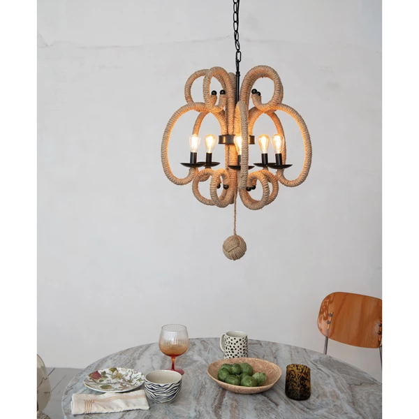 Creative Co Op Jute Wrapped Metal Chandelier W/ 5 Lights 5' Chain & 5' Cord (Hardwire Only)