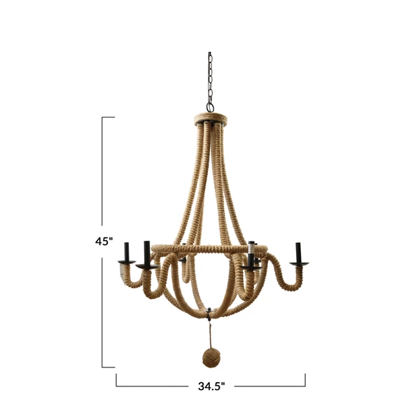 Creative Co Op Jute Wrapped Metal Chandelier W/ 6 Lights 5' Chain & 5' Cord (Hardwire Only)