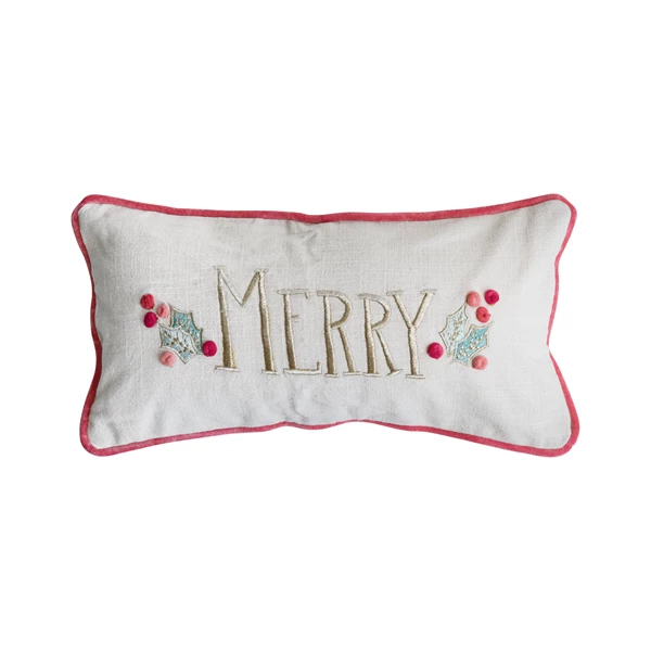 creative co op Lumbar Pillow with Hand-Embroidery Pom Poms Piping & Velvet Back ©