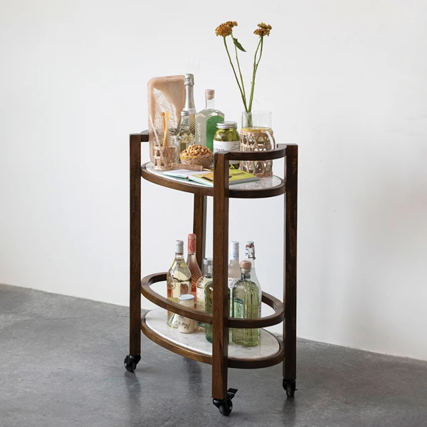 Creative Co Op Mango Wood 2-Tier Bar Cart On Casters W/ Marble Shelves