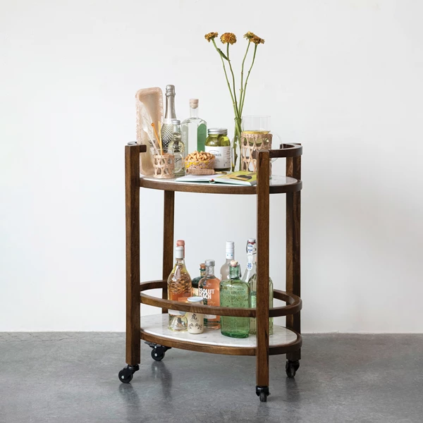 Creative Co Op Mango Wood 2-Tier Bar Cart On Casters W/ Marble Shelves