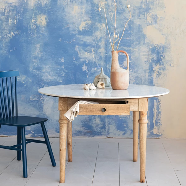 Creative Co Op Mango Wood Dining Table With Drawer & Marble Top KD