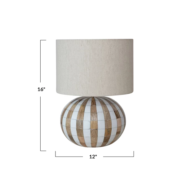 Creative Co Op Mango Wood & Inlaid Resin Striped Table Lamp W/ Cotton Blend Shade Natural