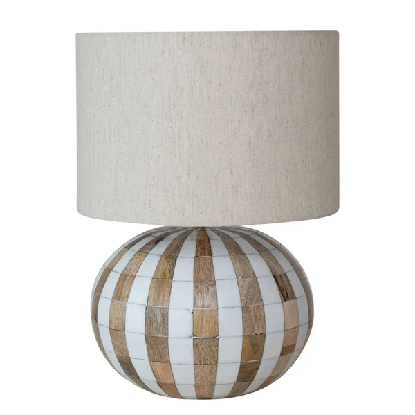creative co op Mango Wood & Inlaid Resin Striped Table Lamp w/ Cotton Blend Shade Natural