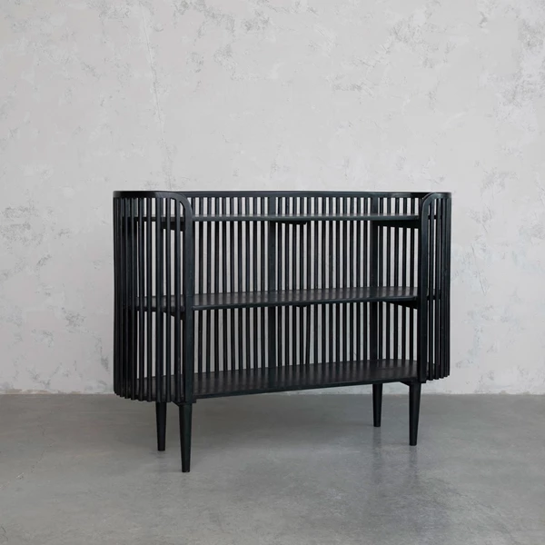 Creative Co Op Mango Wood Slatted Console Table W/ 2 Shelves Black KD