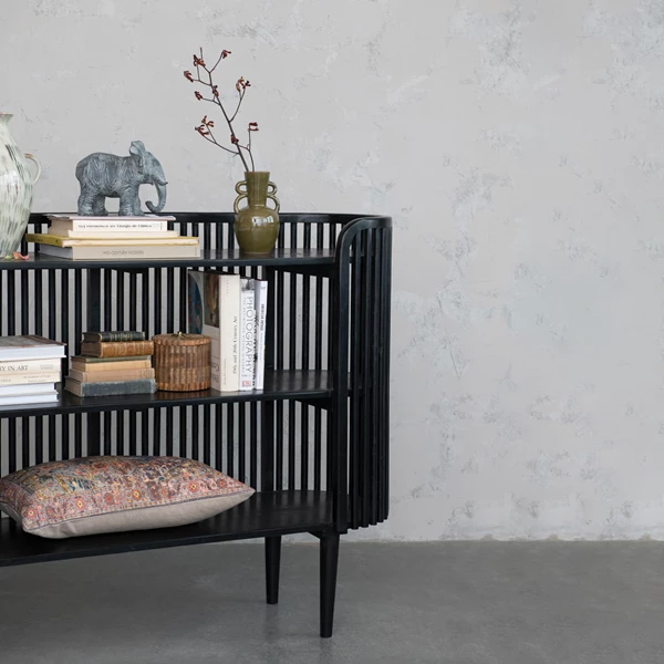 Creative Co Op Mango Wood Slatted Console Table W/ 2 Shelves Black KD
