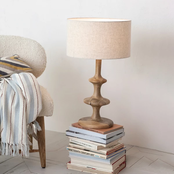 Creative Co Op Mango Wood Table Lamp W/ Cotton & Linen Shade & Inline Switch 6' Cord Natural