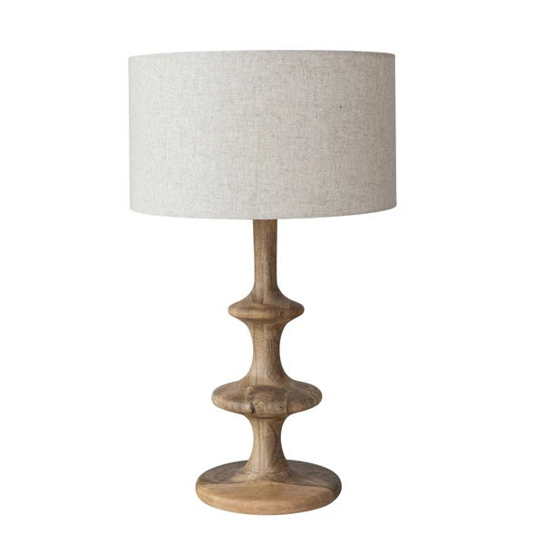 creative co op Mango Wood Table Lamp w/ Cotton & Linen Shade & Inline Switch 6' Cord Natural