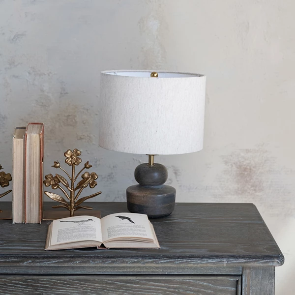 Creative Co Op Mango Wood Table Lamp With Cotton Shade Brass Finish & Grey Washed