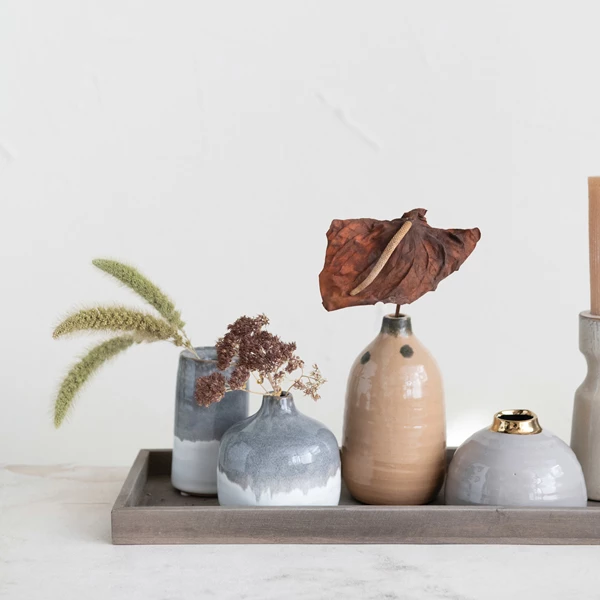 Creative Co Op Mango Wood Tray W/ 1 Taper Holder & 4 Vases Set Of 6 (Each One Will Vary)