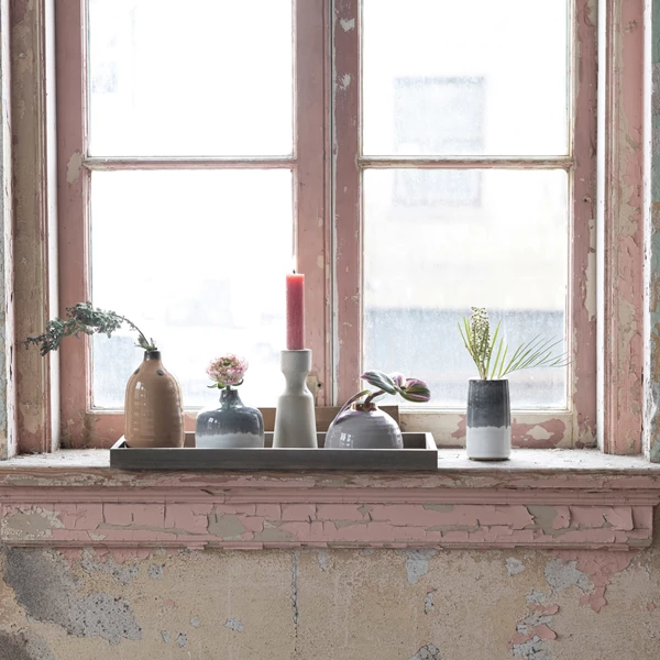 Creative Co Op Mango Wood Tray W/ 1 Taper Holder & 4 Vases Set Of 6 (Each One Will Vary)