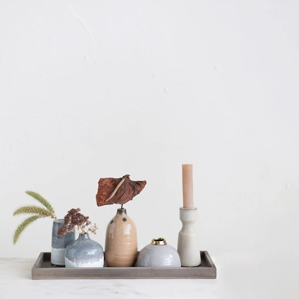 Creative Co Op Mango Wood Tray W/ 1 Taper Holder & 4 Vases Set Of 6 (Each One Will Vary)