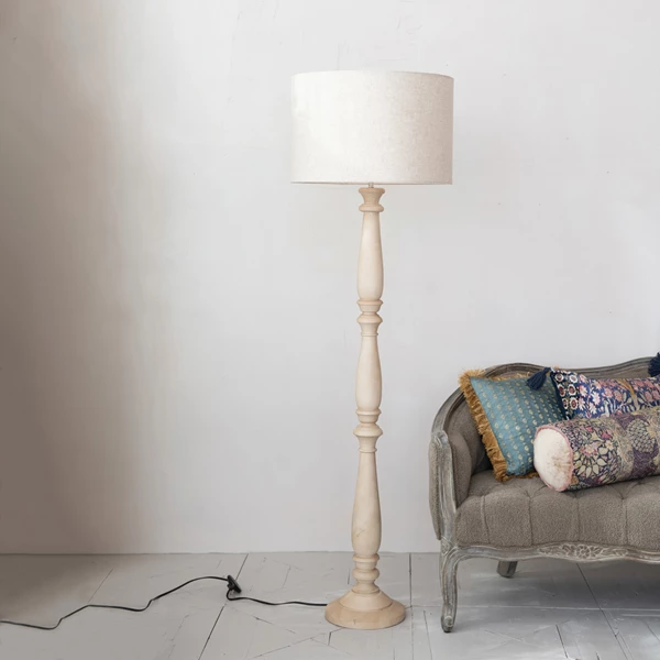 Creative Co Op Mango Wood Turned Floor Lamp W/ Cotton Shade & Inline Switch 6' Cord Sand Finish