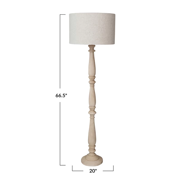 Creative Co Op Mango Wood Turned Floor Lamp W/ Cotton Shade & Inline Switch 6' Cord Sand Finish