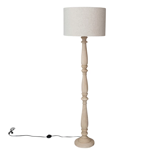 creative co op Mango Wood Turned Floor Lamp w/ Cotton Shade & Inline Switch 6' Cord Sand Finish