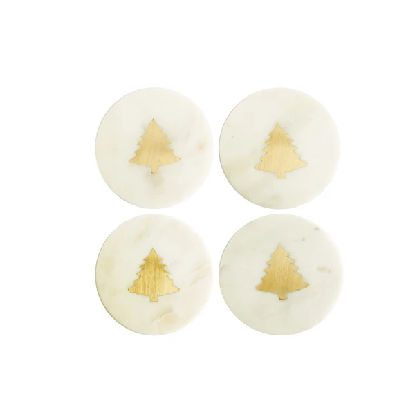 Creative Co Op Marble Coasters W/ Brass Tree Inlay White Set Of 4