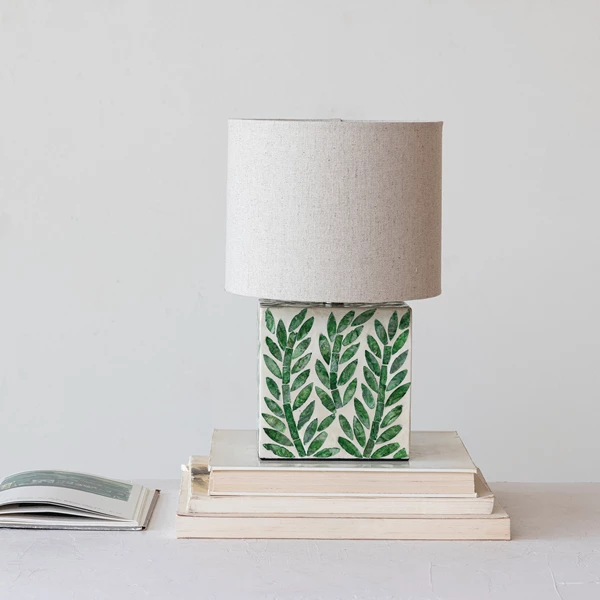 Creative Co Op MDF & Mother Of Pearl Table Lamp W/ Botanical Pattern Linen Shade