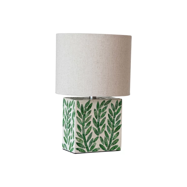 Creative Co Op MDF & Mother Of Pearl Table Lamp W/ Botanical Pattern Linen Shade