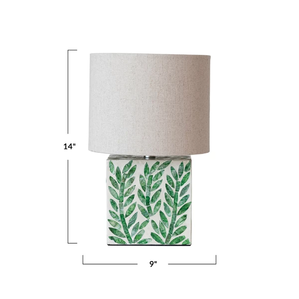 Creative Co Op MDF & Mother Of Pearl Table Lamp W/ Botanical Pattern Linen Shade