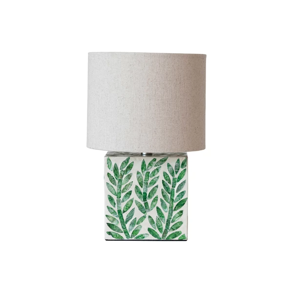 creative co op MDF & Mother of Pearl Table Lamp w/ Botanical Pattern Linen Shade