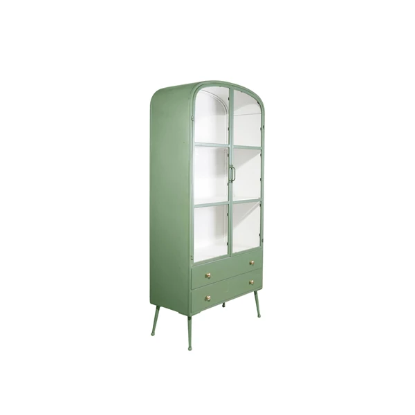 Creative Co Op Metal Cabinet W/ 3 Shelves 2 Glass Doors 2 Drawers & Gold Knobs Green & White