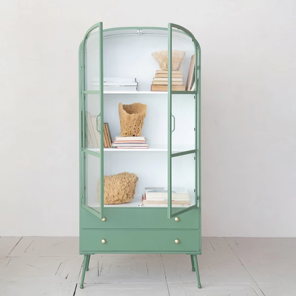 Creative Co Op Metal Cabinet W/ 3 Shelves 2 Glass Doors 2 Drawers & Gold Knobs Green & White