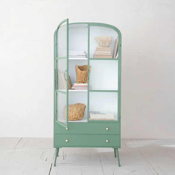 Creative Co Op Metal Cabinet W/ 3 Shelves 2 Glass Doors 2 Drawers & Gold Knobs Green & White