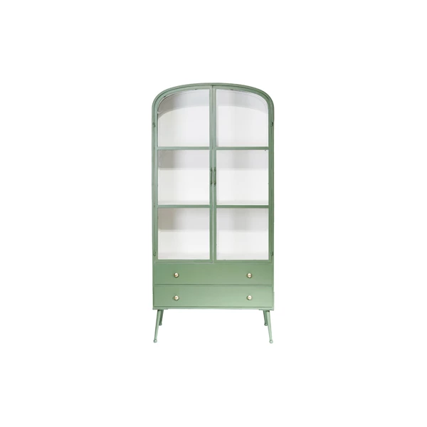 creative co op Metal Cabinet w/ 3 Shelves 2 Glass Doors 2 Drawers & Gold Knobs Green & White