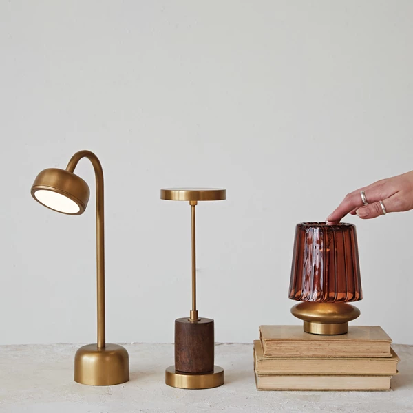 Creative Co Op Metal & Mango Wood LED Table Lamp W/ Touch Sensor Antique Brass Finish