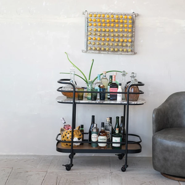 Creative Co Op Metal Marble & Mango Wood 2-Tier Bar Cart On Casters (Each Varies)