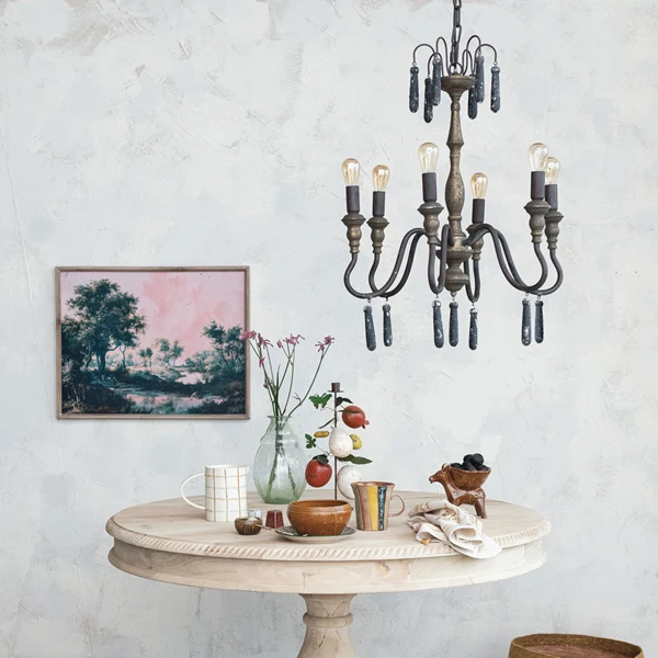 Creative Co Op Metal Pendant Lamp W/ Wood Drops & 6 Lights 9' Cord