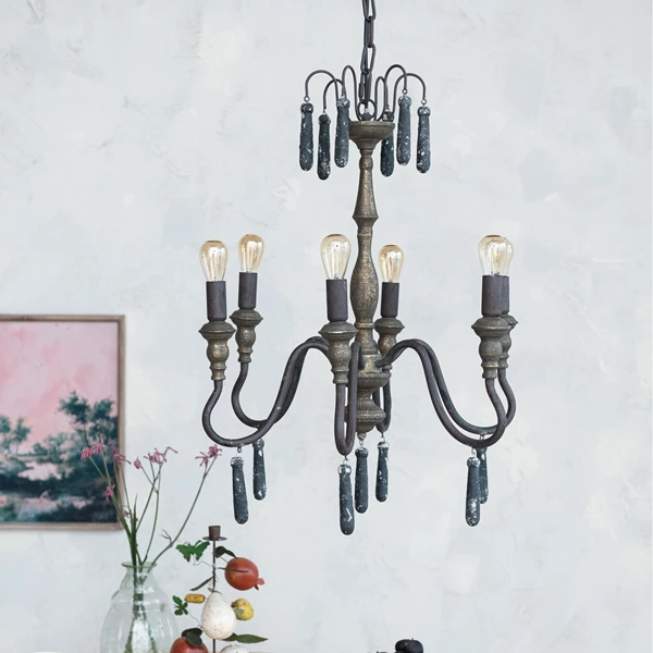 Creative Co Op Metal Pendant Lamp W/ Wood Drops & 6 Lights 9' Cord