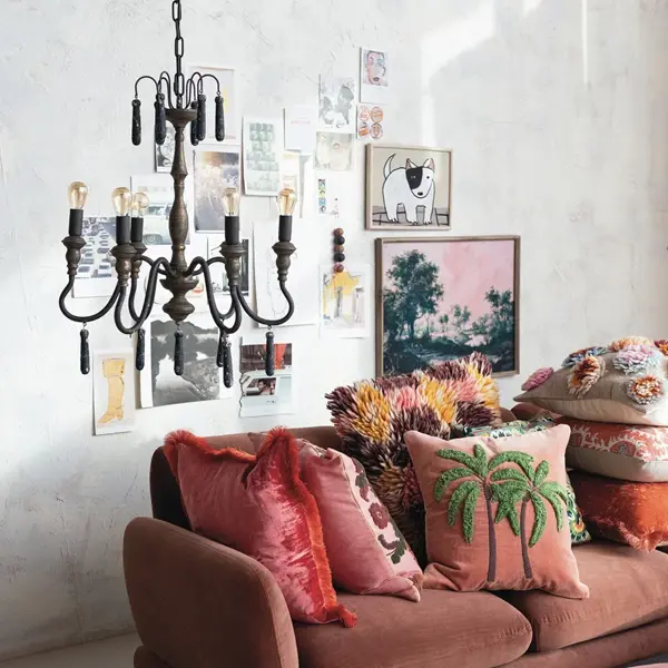 Creative Co Op Metal Pendant Lamp W/ Wood Drops & 6 Lights 9' Cord