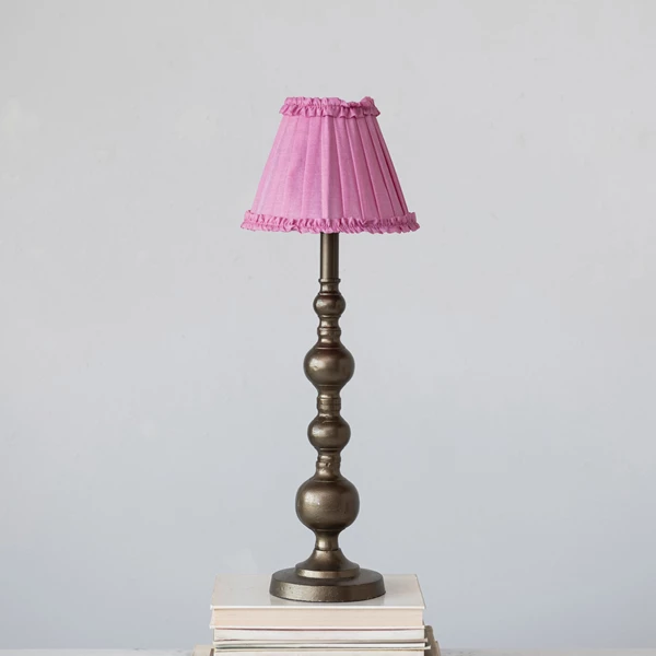 Creative Co Op Metal Table Lamp W/ Pleated Silk Shade W/ Ruffle & Inline Switch Antique Brass Finish & Pink