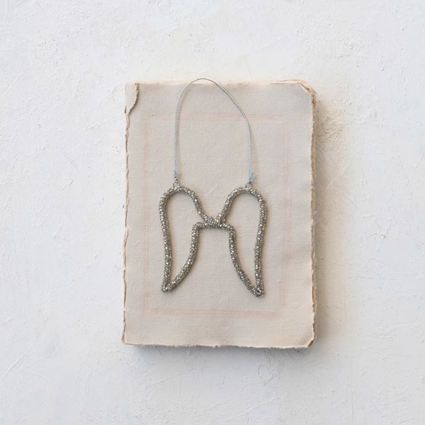 Creative Co Op Metal Wire & Glass Beaded Angel Wings Ornament Silver Finish