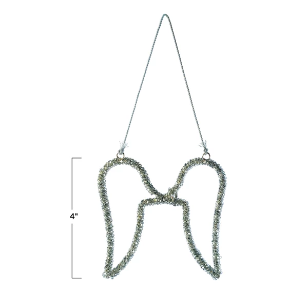 Creative Co Op Metal Wire & Glass Beaded Angel Wings Ornament Silver Finish