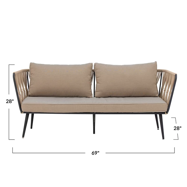 Creative Co Op Metal & Woven Rope Indoor/Outdoor Sofa W/ Fabric Cushions & Removable Covers KD