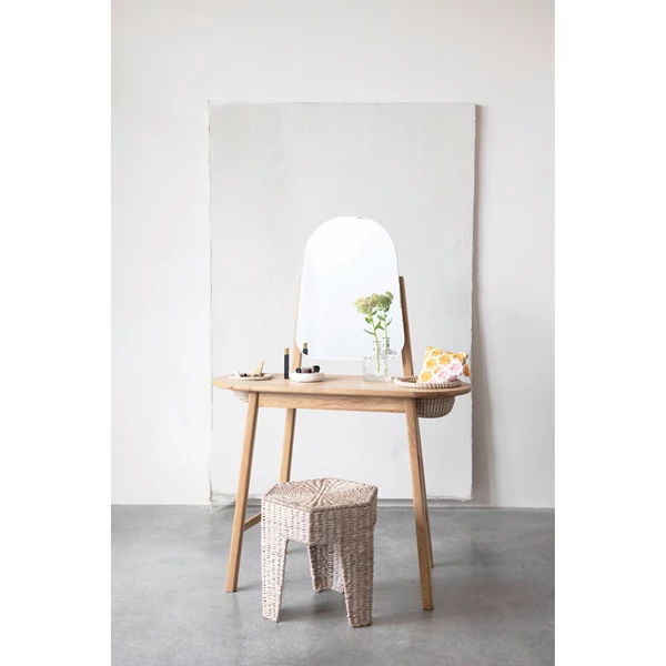 Creative Co Op Oak Wood And MDF Vanity Table With Mirror And 2 Hand-Woven Rattan Baskets