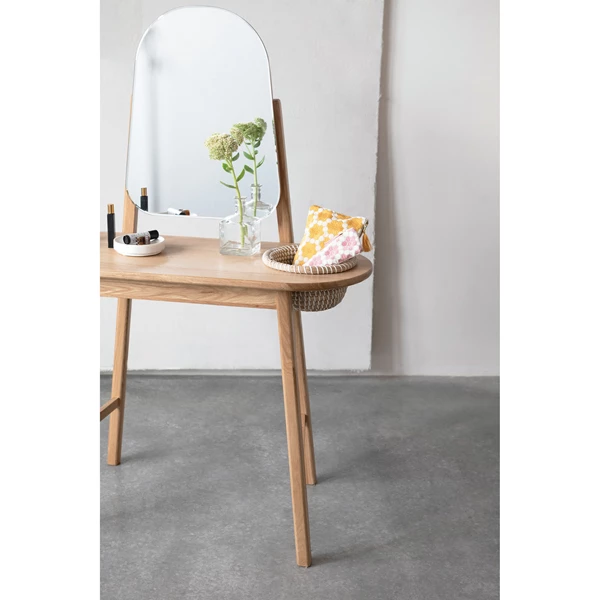 Creative Co Op Oak Wood And MDF Vanity Table With Mirror And 2 Hand-Woven Rattan Baskets