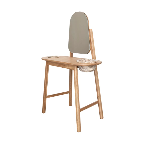 Creative Co Op Oak Wood And MDF Vanity Table With Mirror And 2 Hand-Woven Rattan Baskets