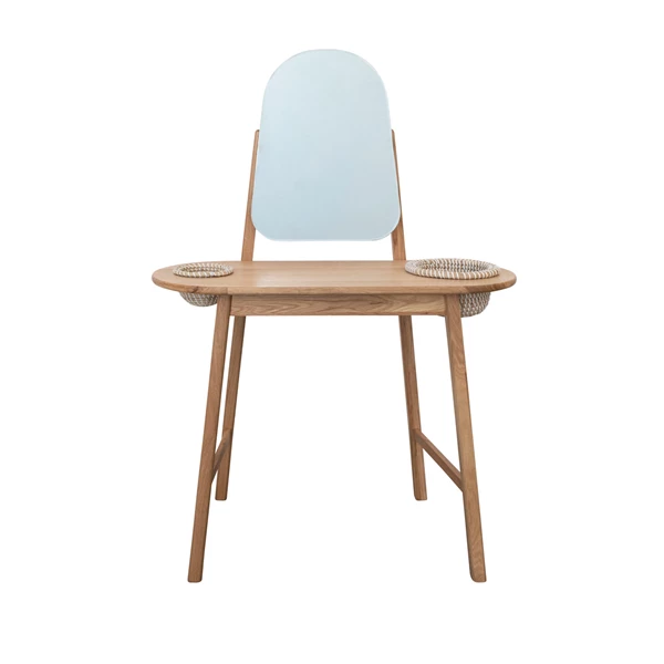 creative co op Oak Wood and MDF Vanity Table with Mirror and 2 Hand-Woven Rattan Baskets