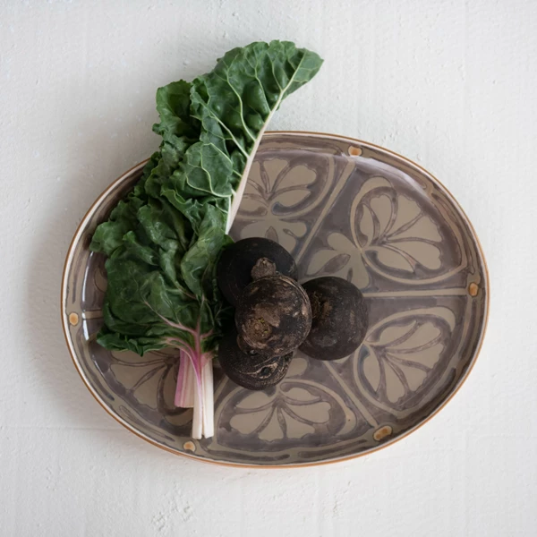 Creative Co Op Oval Hand-Painted Stoneware Platter W/ Pattern