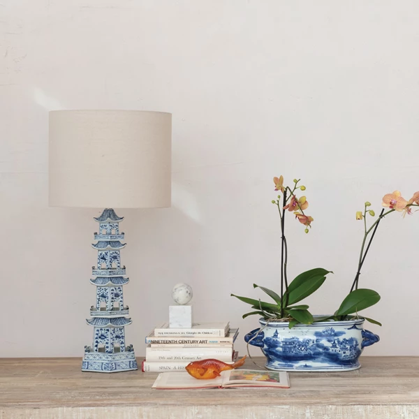 Creative Co Op Oval Hand-Painted Stoneware Vintage Reproduction Planter W/ Landscape & Handles